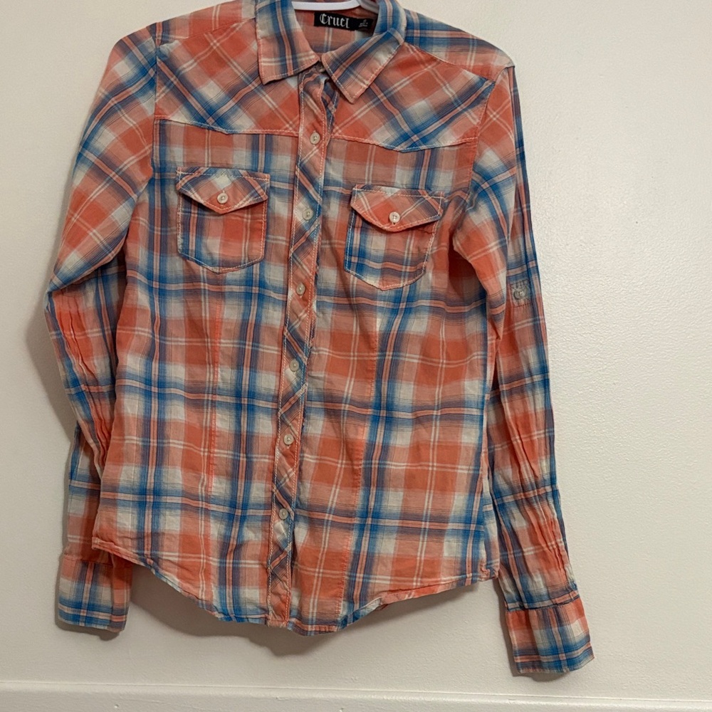 Cruel Women's Plaid Button Down Shirt - peach and Blue